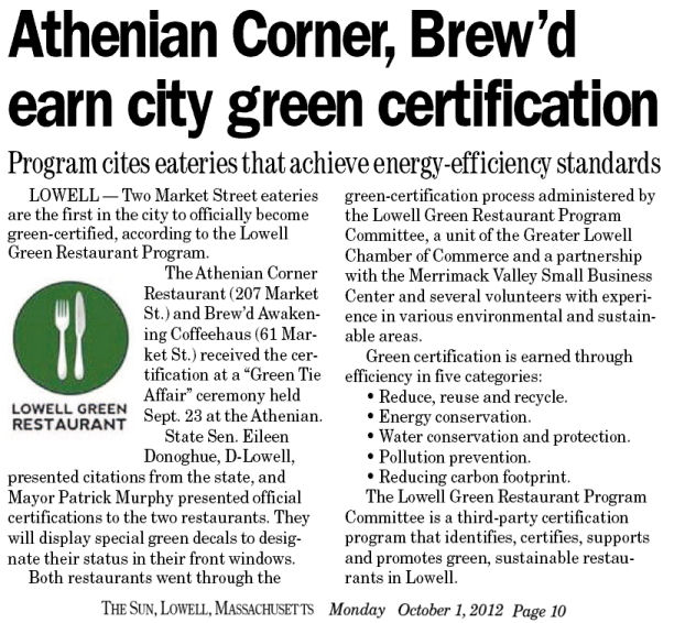 Athenian Corner, Brew'd earn city green certification
